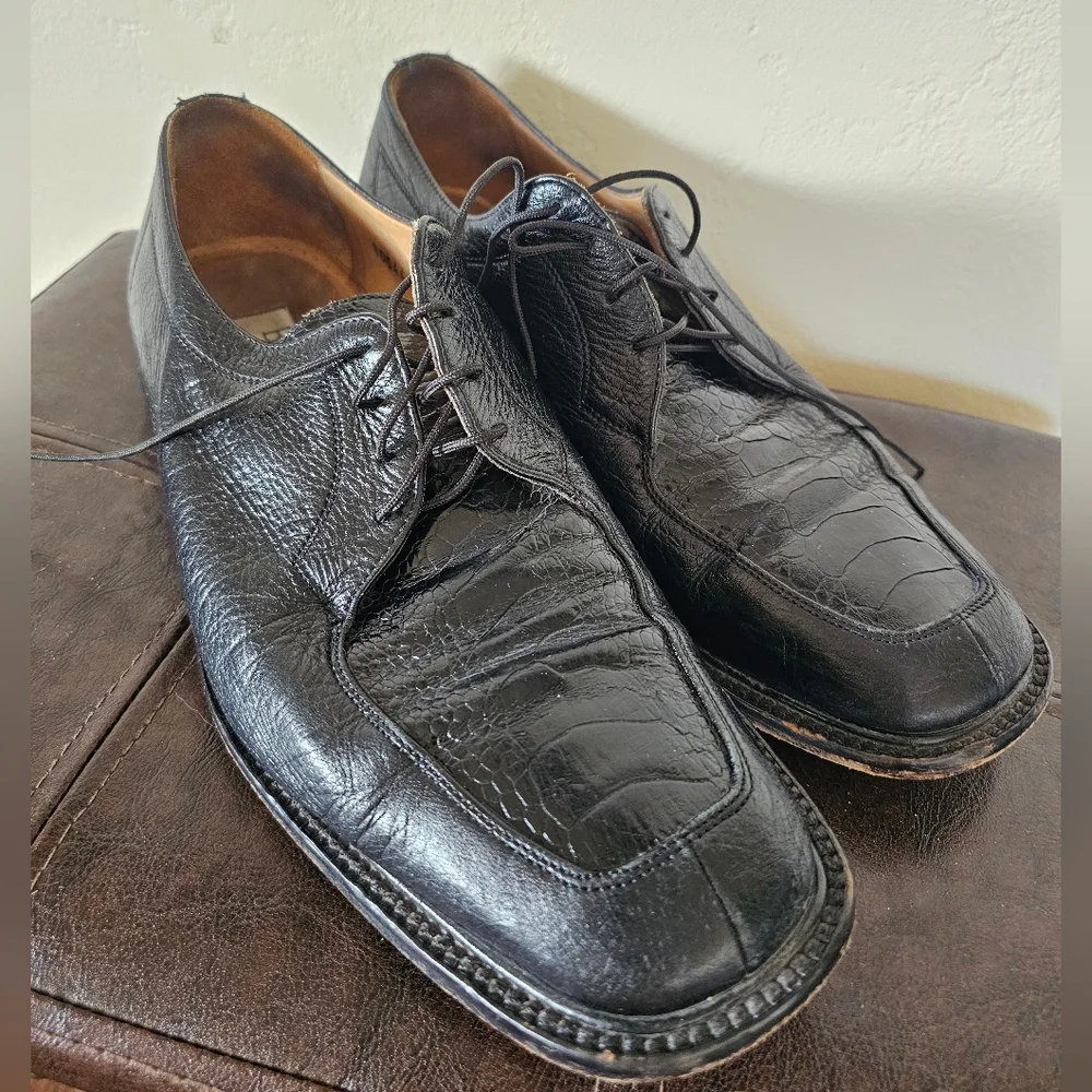 Belvedere Florence All Black Exotic‎ Leather Crocodile Oxford Shoes Sz 11.5M